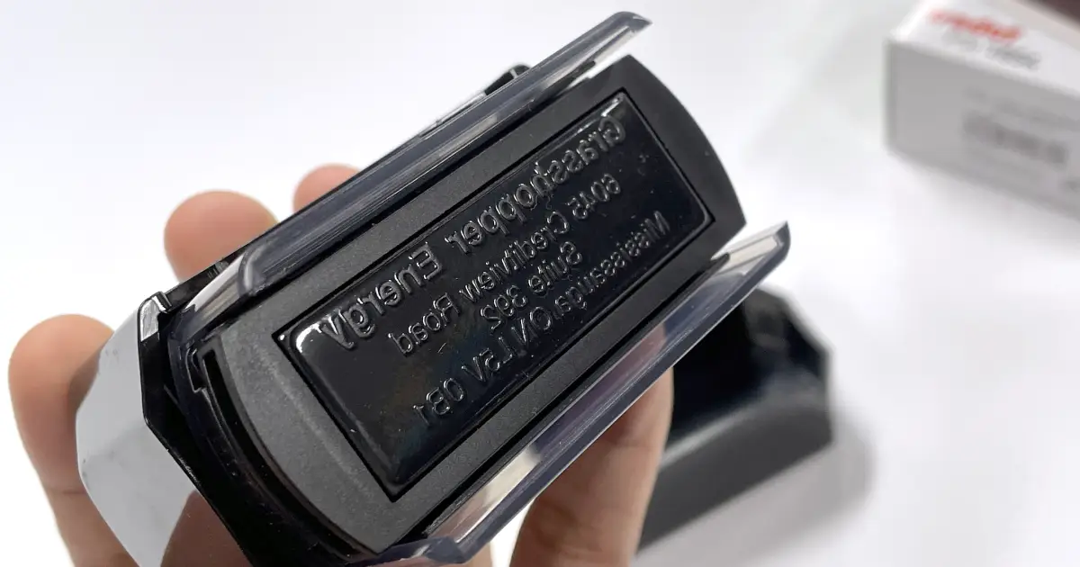 Custom Address Stamps for Grasshopper Energy - Branding Centres - Self Inking Stamps in GTA Custom Address Stamps for Grasshopper Energy - Branding Centres - Self-Inking Stamps in GTA