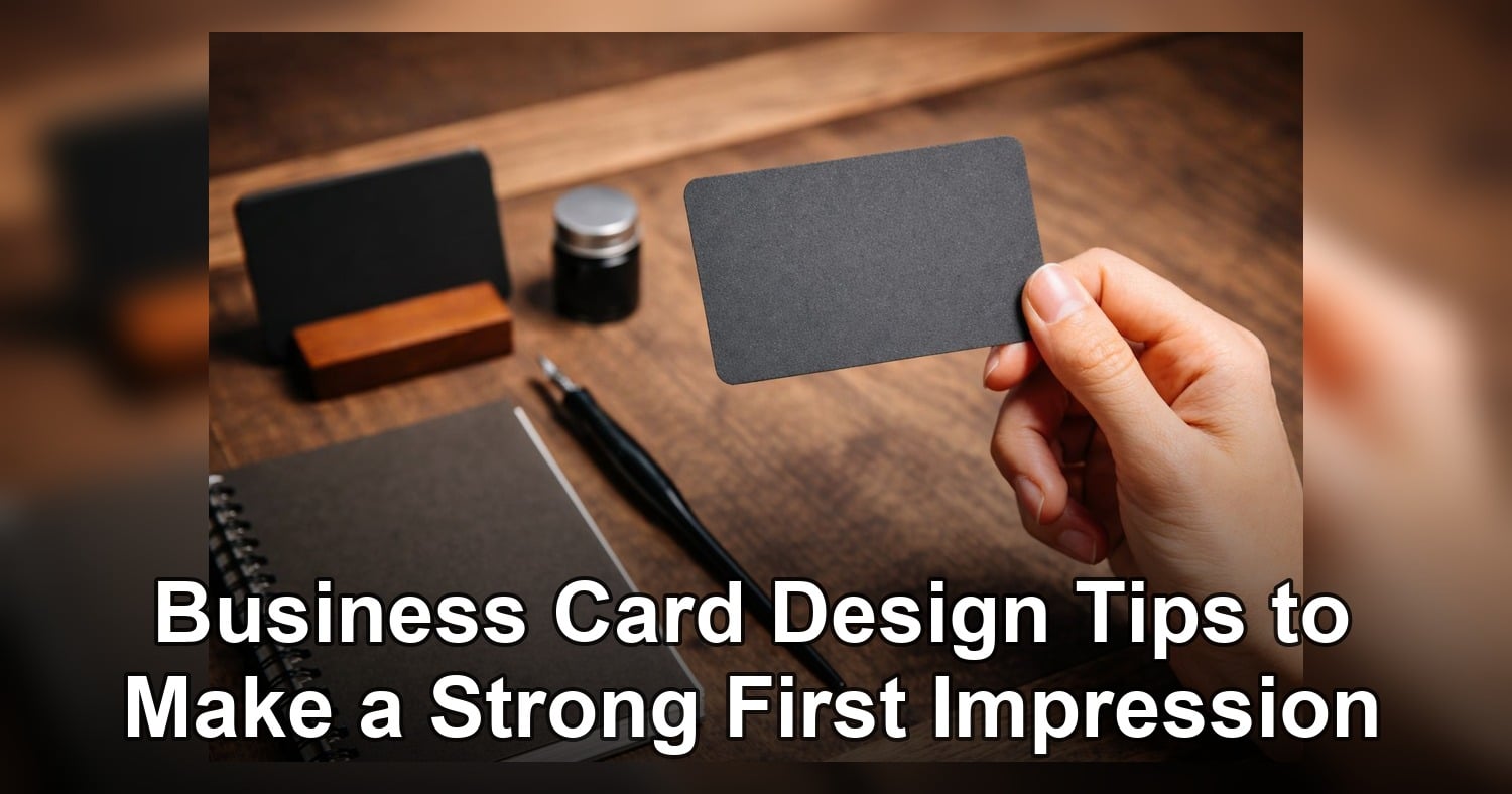 Business Card Design Tips shown on a set of minimalist card mockups on a clean wooden workspace with printing tools