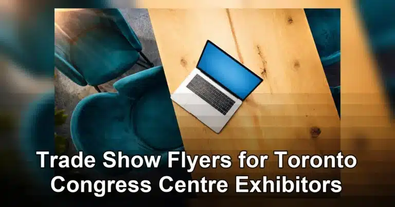 trade show flyers toronto congress centre — Aerial view of a laptop on a wooden table surrounded by stylish chairs in a moder