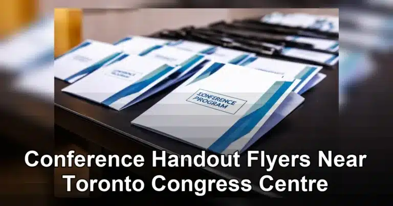 conference handout flyers near toronto congress centre — Close-up of conference program booklets neatly arranged on a table,