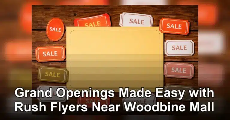 rush flyers near woodbine mall — Top view of hand arranging Black Friday sale flyers on wooden table, offering 25% off everyt