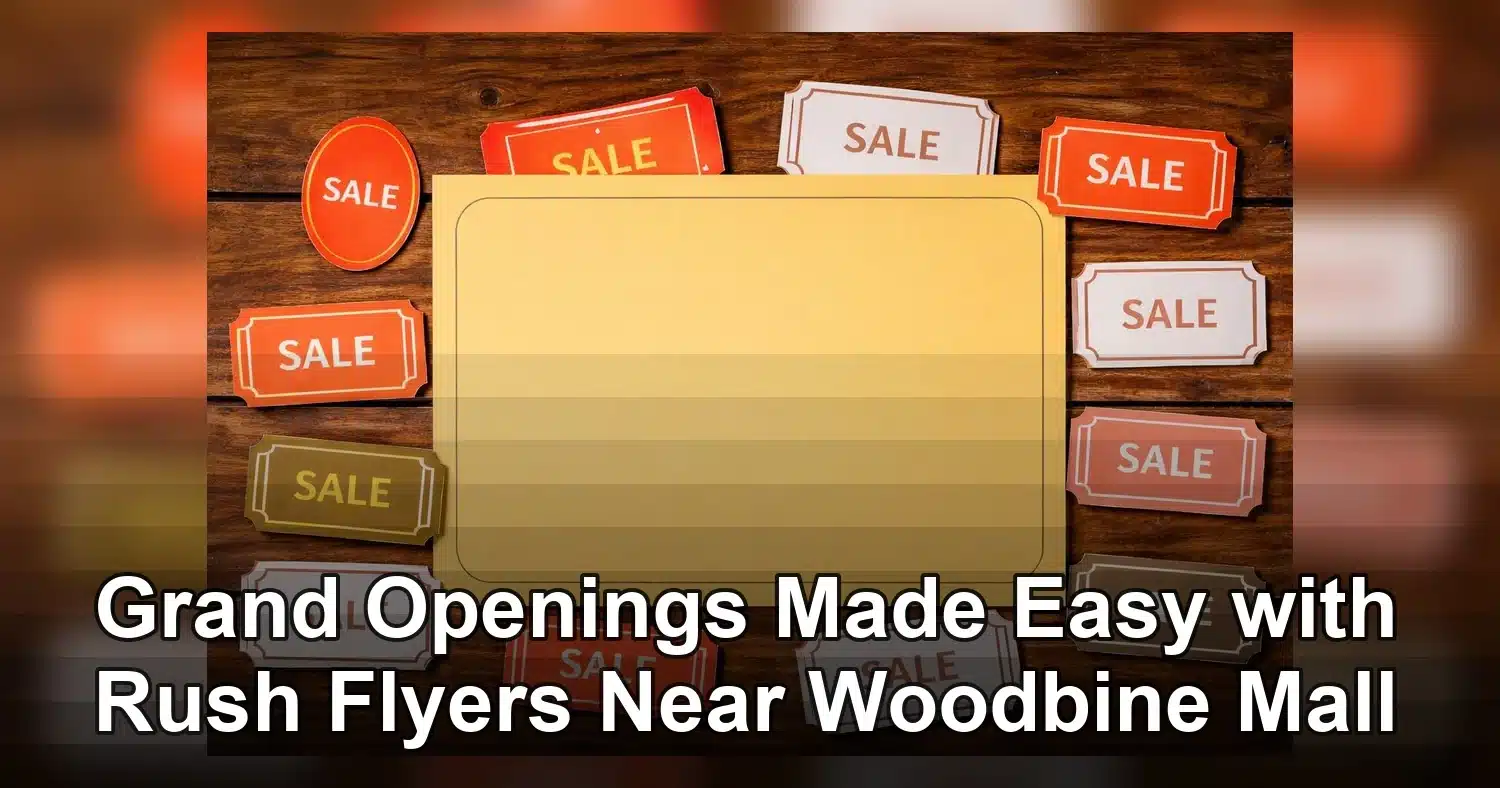 rush flyers near woodbine mall — Top view of hand arranging Black Friday sale flyers on wooden table, offering 25% off everyt