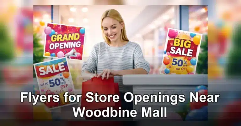 flyers for store openings near woodbine mall — Confident cashier handling a colorful red shopping bag for customers in a vibr