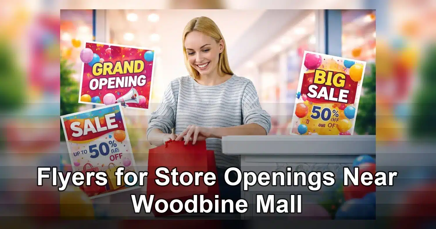 flyers for store openings near woodbine mall — Confident cashier handling a colorful red shopping bag for customers in a vibr