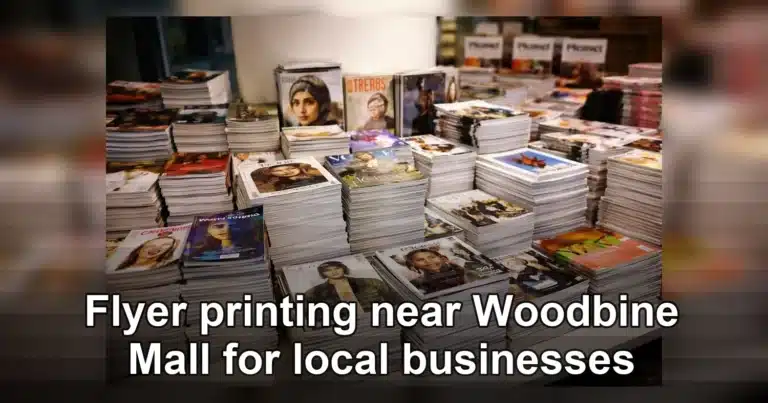 flyer printing near woodbine mall — Huge stacks of diverse fashion and lifestyle magazines piled high in an indoor store sett
