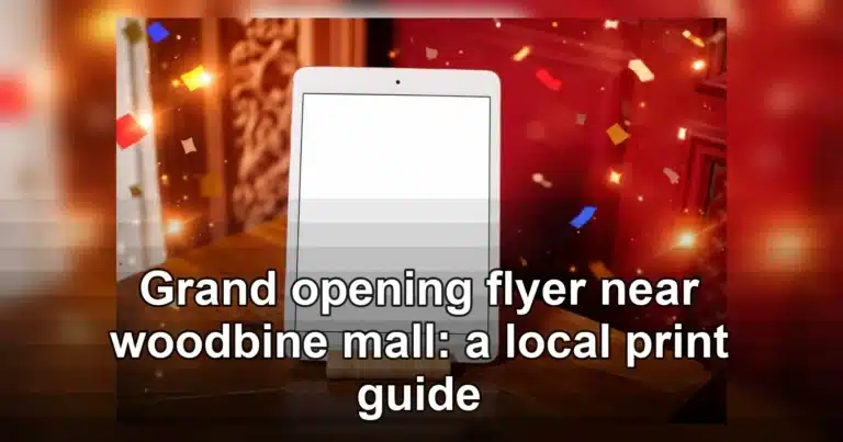 grand opening flyer near woodbine mall — A tablet with a blank screen on a wooden stand against an ornate background, ideal f