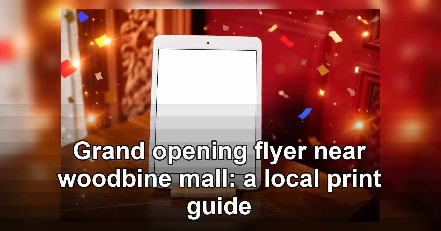 grand opening flyer near woodbine mall — A tablet with a blank screen on a wooden stand against an ornate background, ideal f