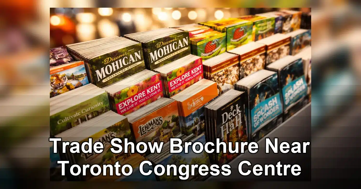 trade show brochure near toronto congress centre — Colorful collection of travel brochures on display at a bookstore.