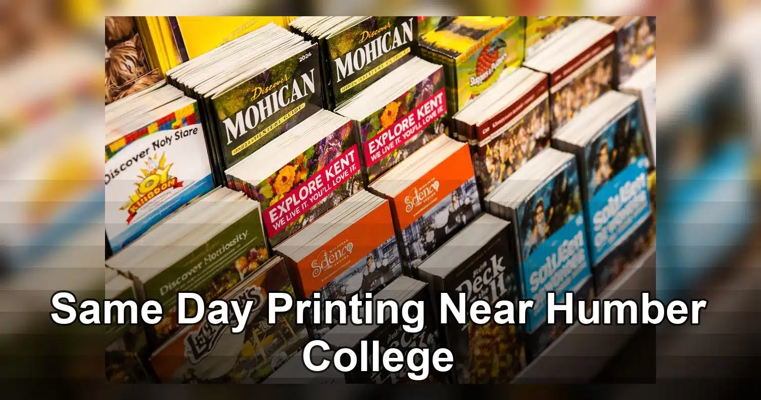 same day printing printing near humber college — Colorful collection of travel brochures on display at a bookstore.