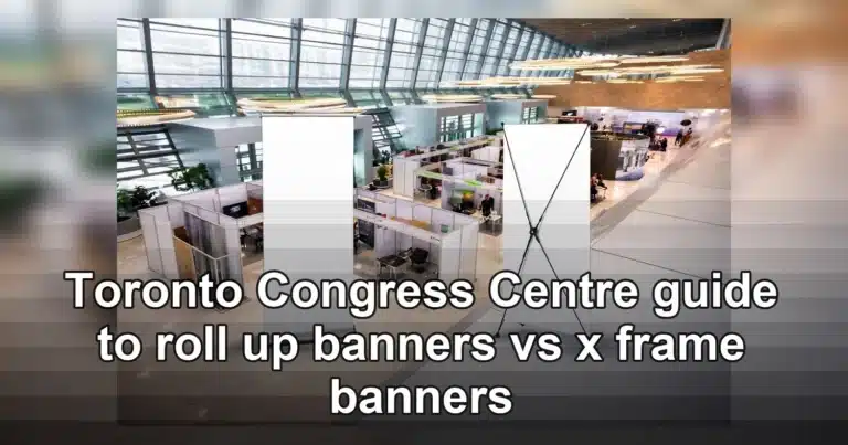 roll up banners vs x frame banners — A bustling trade show exhibition inside a modern hall with people networking and explori