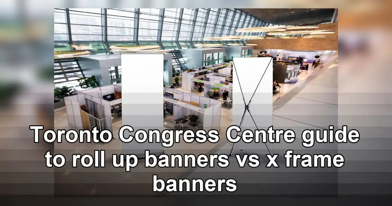 roll up banners vs x frame banners — A bustling trade show exhibition inside a modern hall with people networking and explori