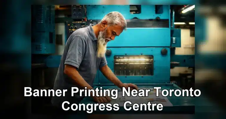 banner printing near toronto congress centre — An older man examines freshly printed materials at a large, teal printing pres