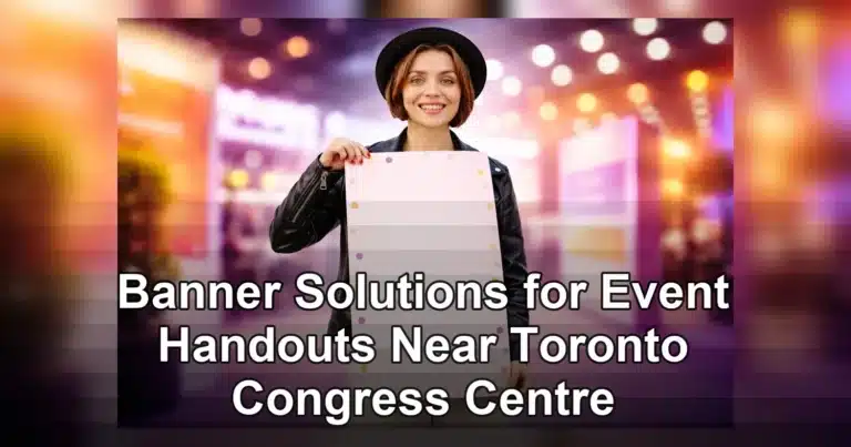 banner for event handouts near toronto congress centre — Stylish woman smiling and holding a 50% off sale poster on a white b