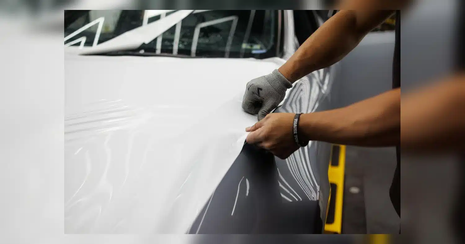 Are Truck Wraps Worth It? — Close-up of hands applying vinyl wrap to a car hood, showcasing customization.