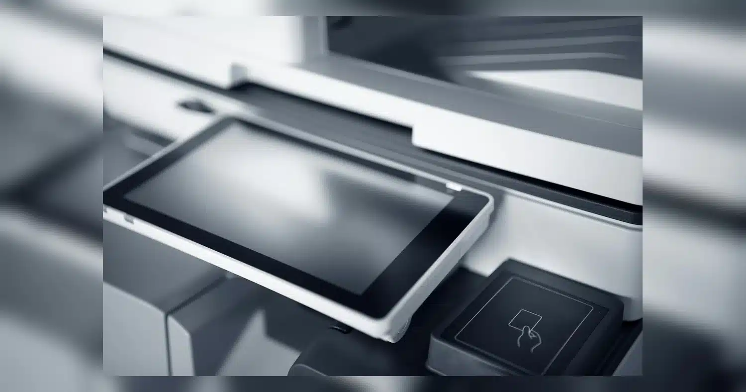 printing printing near humber college — Close-up of a modern printer with a touchscreen interface in a professional office se