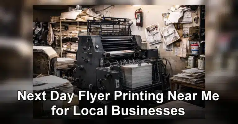 next day flyer printing near me — Black and white image of a bustling print shop with workers operating a printing press.