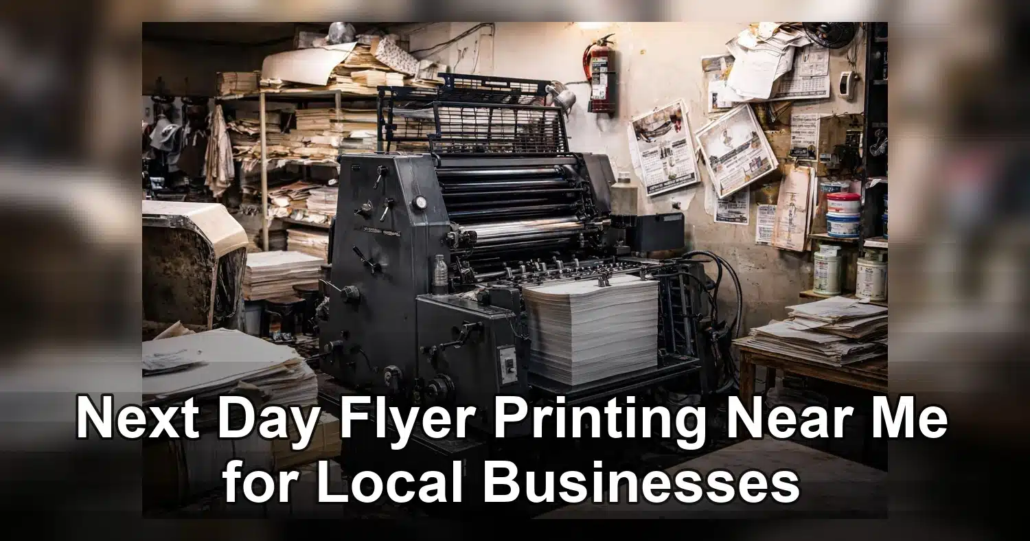 next day flyer printing near me — Black and white image of a bustling print shop with workers operating a printing press.