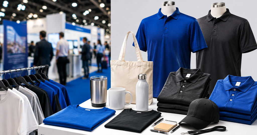 Custom apparel for trade shows and event handouts, featuring branded polo shirts, T-shirts, hats, tote bags, drinkware, and promotional items displayed at a busy trade show booth.