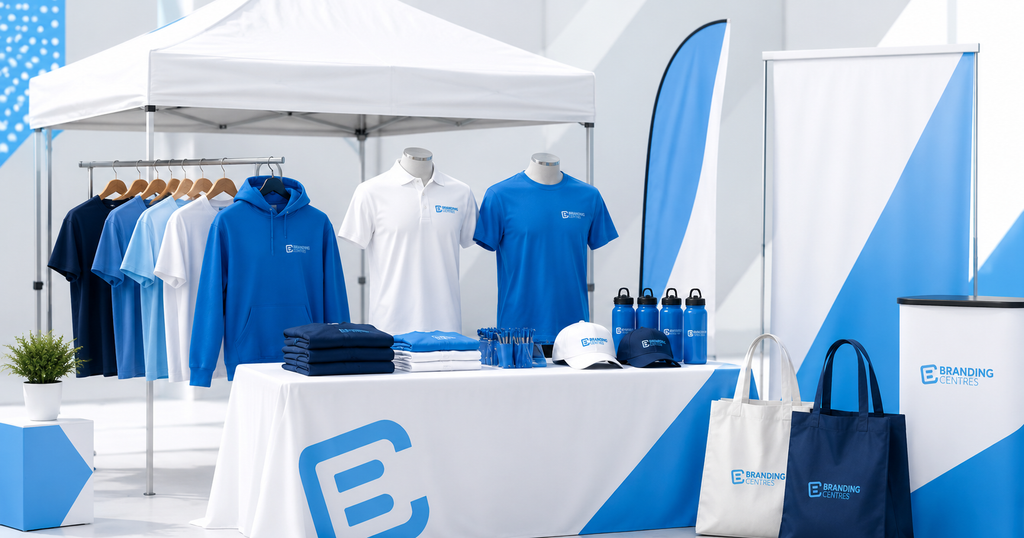 Guide to standout custom apparel for local promotions near etobicoke, featuring a clean branded event booth with custom T-shirts, polos, hoodies, hats, tote bags, and promotional drinkware in a polished blue-and-white display.
