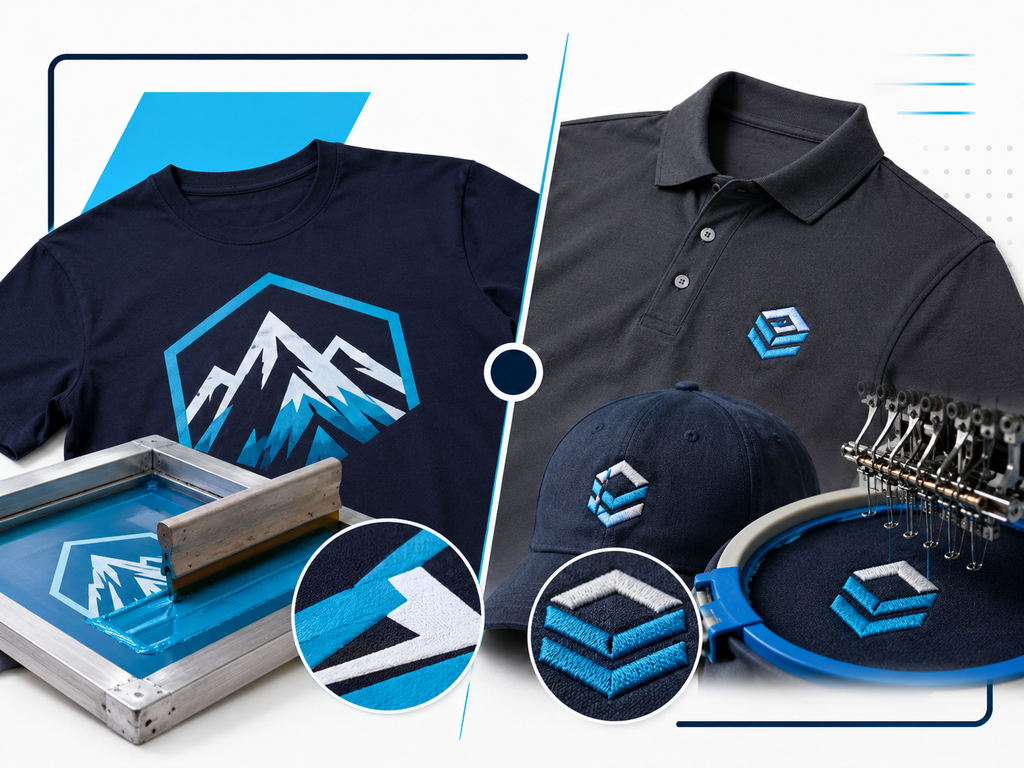 Screen printing vs embroidery for custom apparel comparison, showing a printed T-shirt and screen-printing process beside embroidered polo shirts, caps, stitching details, and an embroidery machine.