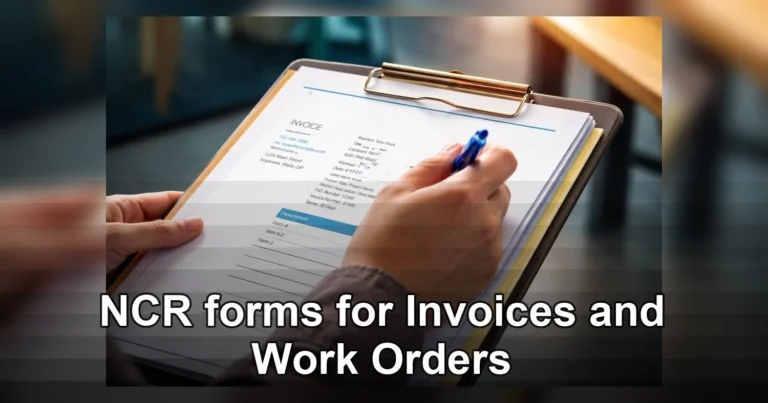NCR forms — Person's hand holding a company invoice on a clipboard with a pen.