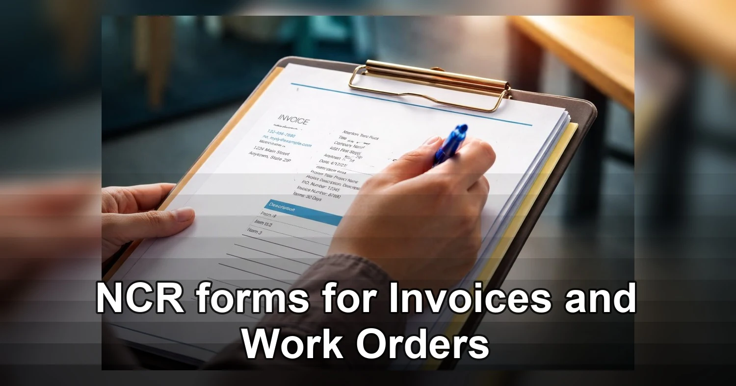 NCR forms — Person's hand holding a company invoice on a clipboard with a pen.