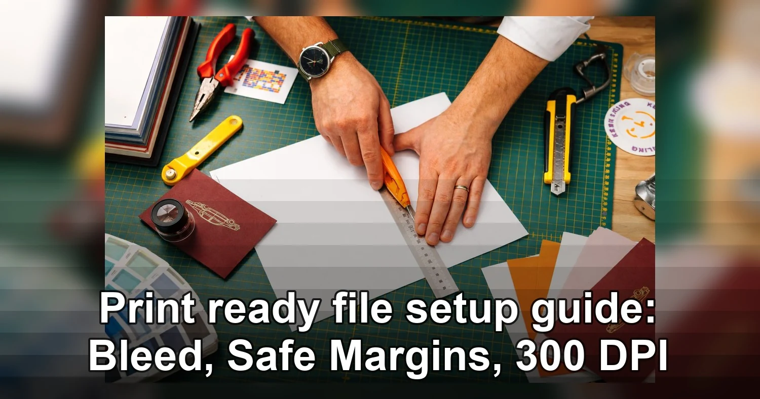 print ready file setup — Top view of designer measuring paper with ruler and tools on a grid cutting mat.