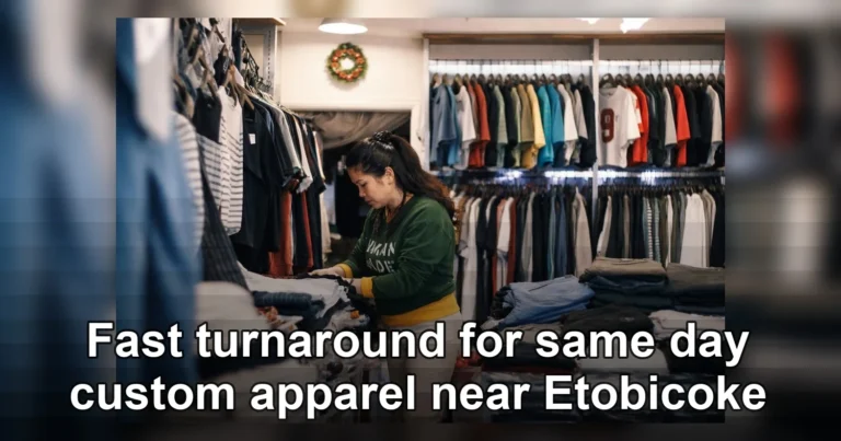 same day custom apparel near etobicoke — A woman organizing clothes in a cozy boutique clothing store with a wide selection o