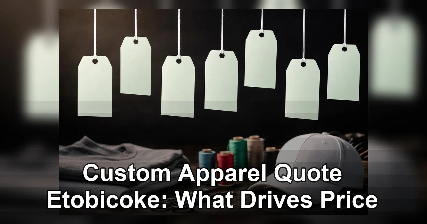 custom apparel quote etobicoke — Multiple blank tags hanging on strings against a black background, ideal for designs.