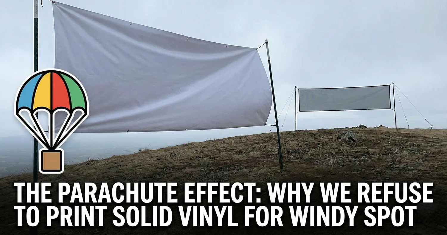 L'effet parachute – pourquoi nous refusons d'imprimer du vinyle plein pour les endroits venteux