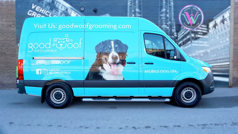 Good Woof full van wrap showcasing bold pet business branding