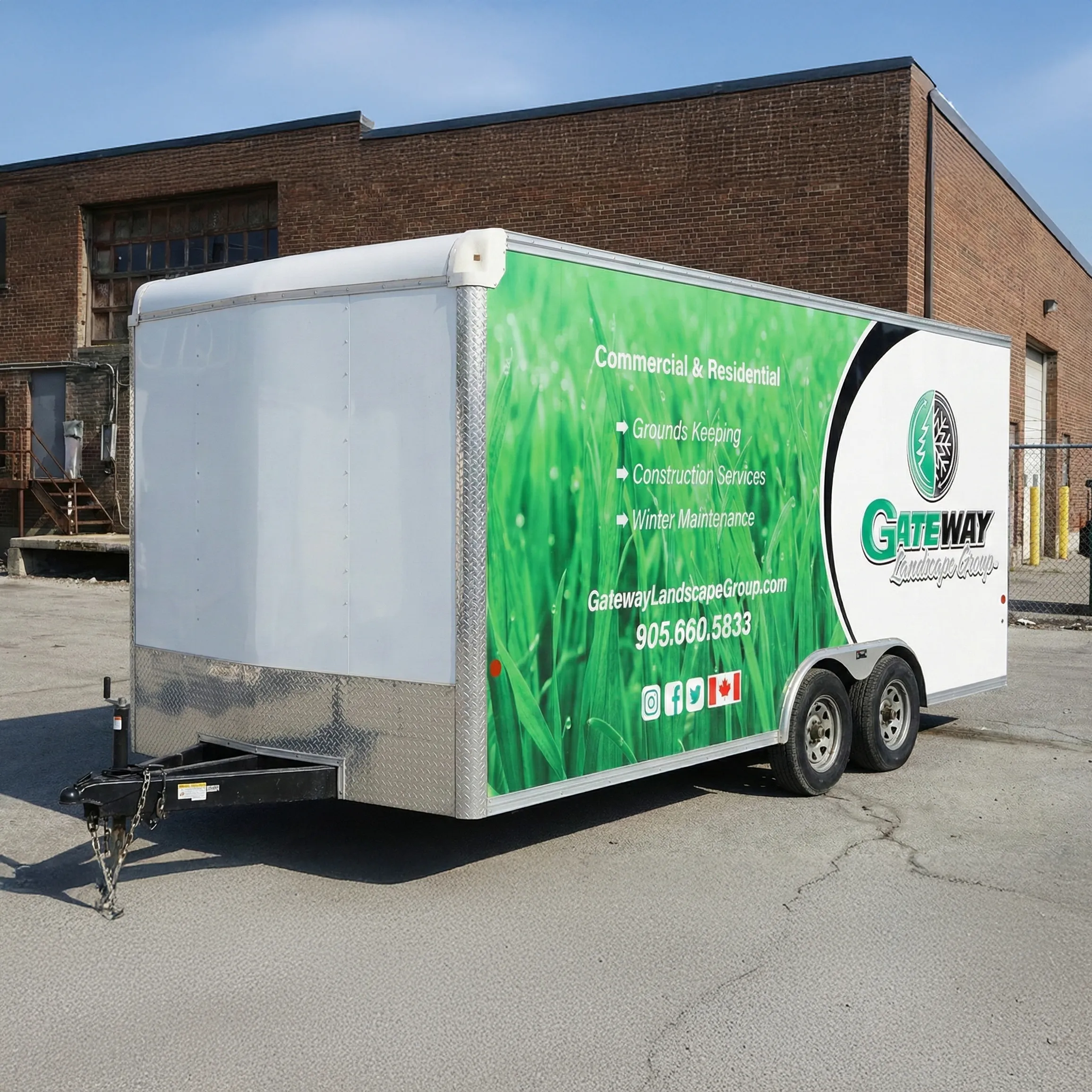 Gateway Landscape Group partial trailer wrap with lettering and decals in Toronto